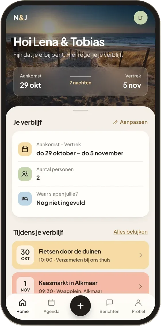 De Logeerplanner op een telefoon: het verblijf van een gast met aankomst, vertrek en activiteiten (voorbeeldgegevens)