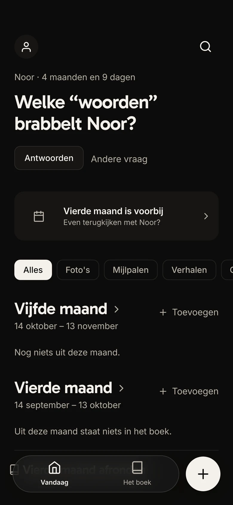 Het startscherm van MiniLore met de vraag: Welke woorden brabbelt Noor?